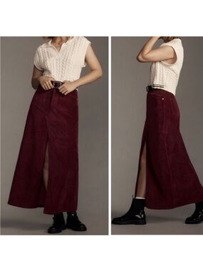NWT Anthropologie Pilcro Corduroy Maxi Skirt with Front Slit Fuchsia 12
